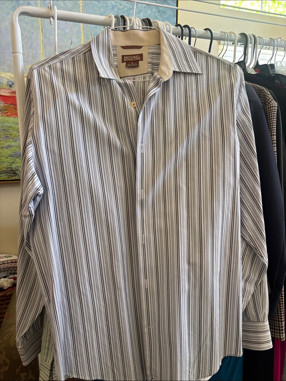 Michael Kors Men’s White and Blue Vertical Stripe Dress Shirt
